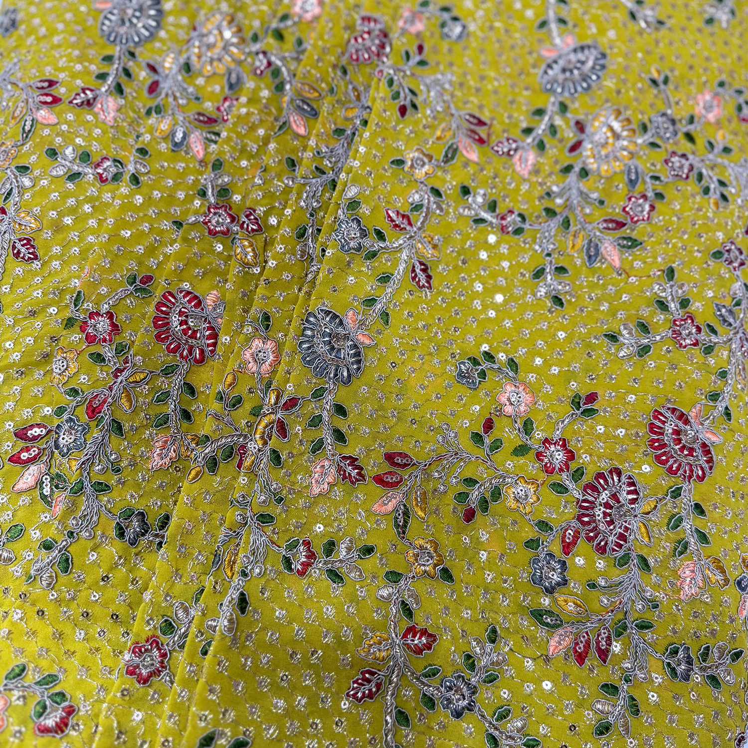 Mustard Yellow Floral Zari & Sequin Embroidered Fabric