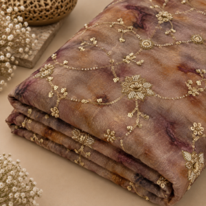 Korean Crushed Organza Embroidered Fabric ( Dusty Rose Mauve ) - 50 INCH WIDTH