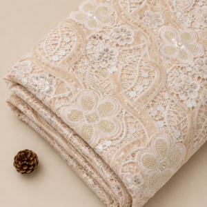 Net Lace Fabric with Floral Embroidery (Peach Beige) - 60 INCH WIDTH