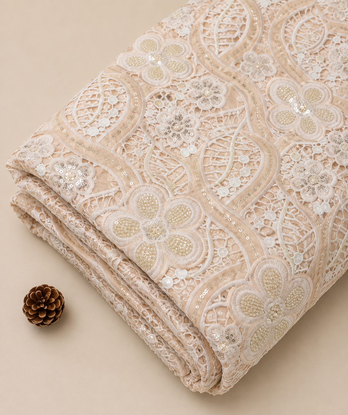 Net Lace Fabric with Floral Embroidery (Peach Beige) - 60 INCH WIDTH