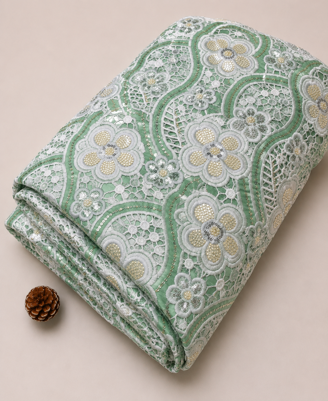 Net Lace Fabric with Floral Embroidery (Mint Green ) - 60 INCH WIDTH