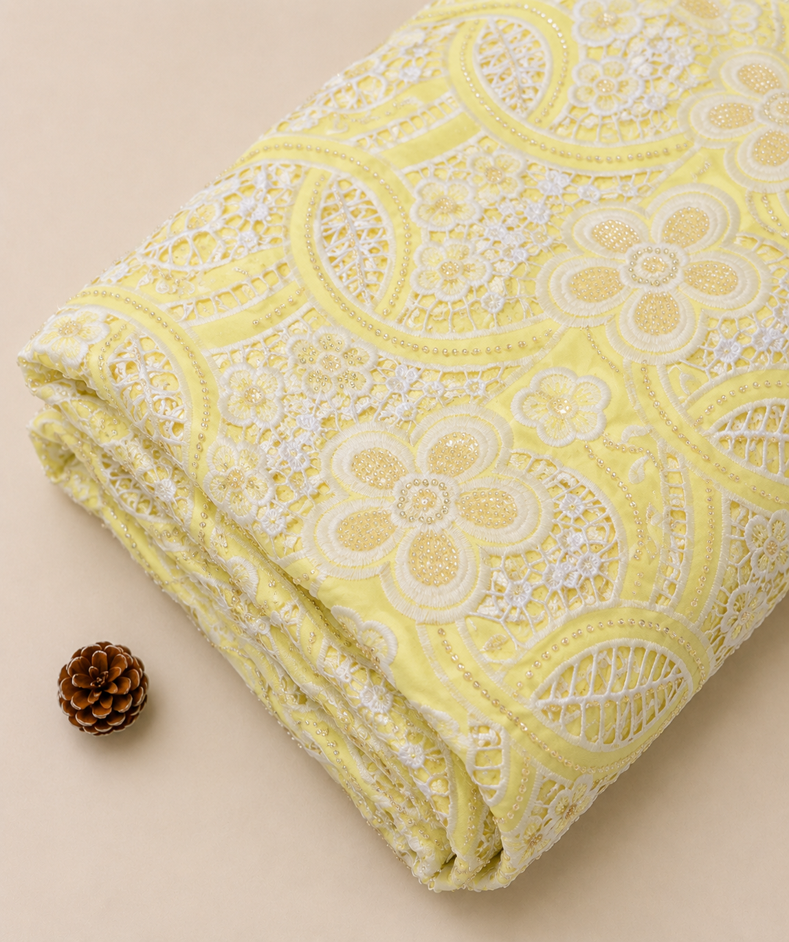 Net Lace Fabric with Floral Embroidery (Lemon Yellow) – 60 INCH WIDTH