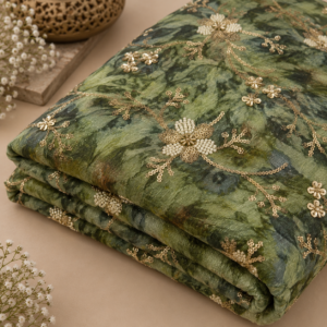 Korean Crushed Organza Embroidered Fabric ( Deep Olive Green) – 50 INCH WIDTH