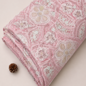 Net Lace Fabric with Floral Embroidery ( Blush Pink ) - 60 INCH WIDTH