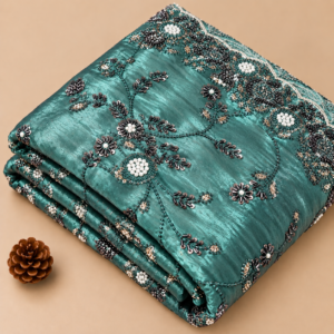 Teal Green Embroidered Silk Fabric - 60 INCH WIDTH