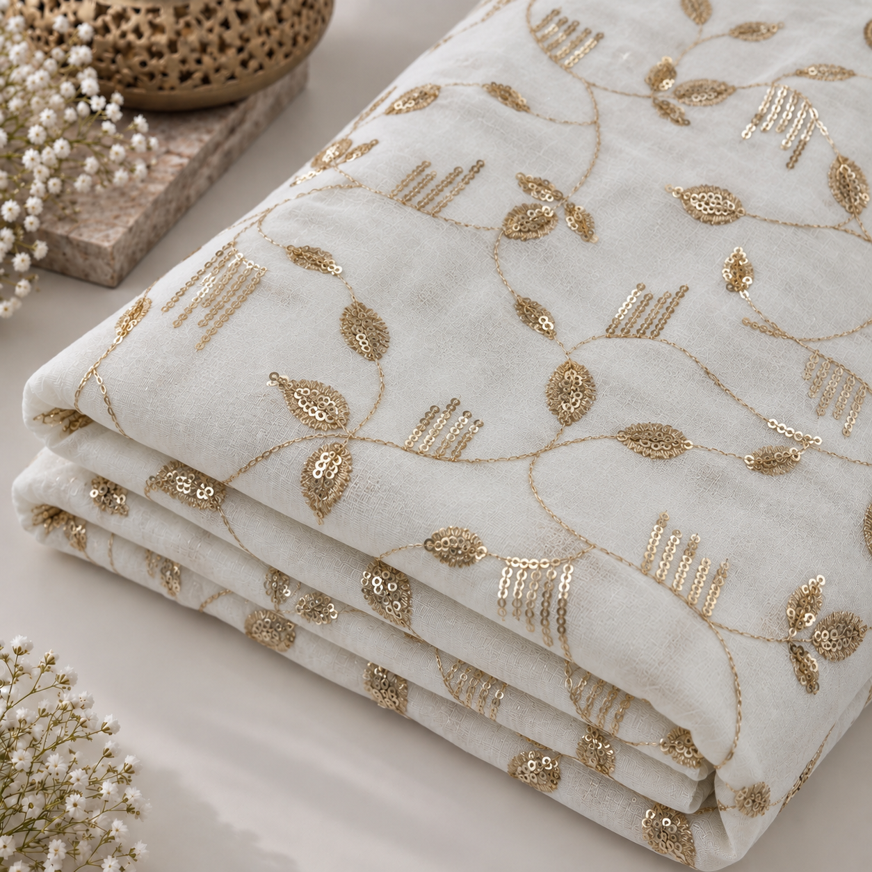 Lightweight Golden Vine Sequin Sheer Embroidered  Georgette Fabric - 54 INCH WIDTH