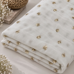 Ivory Gold Sequin Butti Georgette Fabric - 54 INCH WIDTH