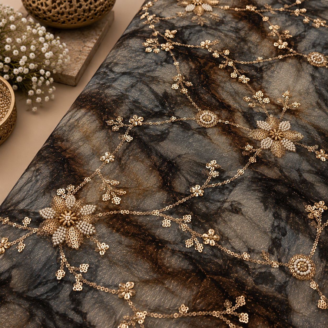 Korean Crushed Organza Embroidered Fabric ( Black with Smoky Grey ) – 50 INCH WIDTH - Image 2