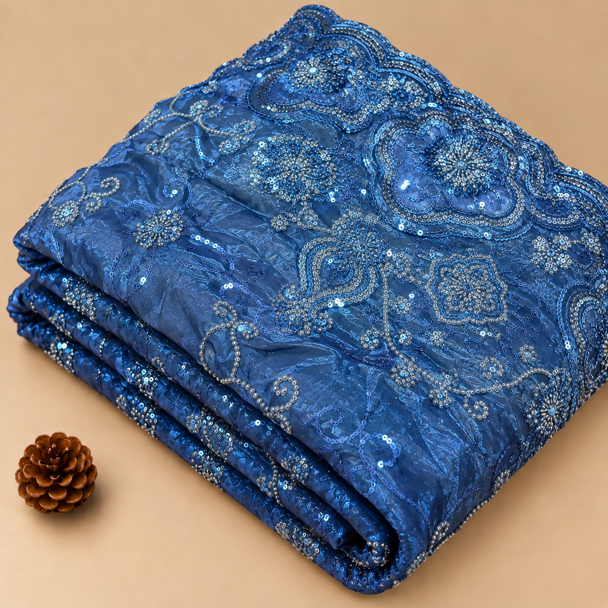 Dark Blue Embroidered Silk Fabric - 60 INCH WIDTH