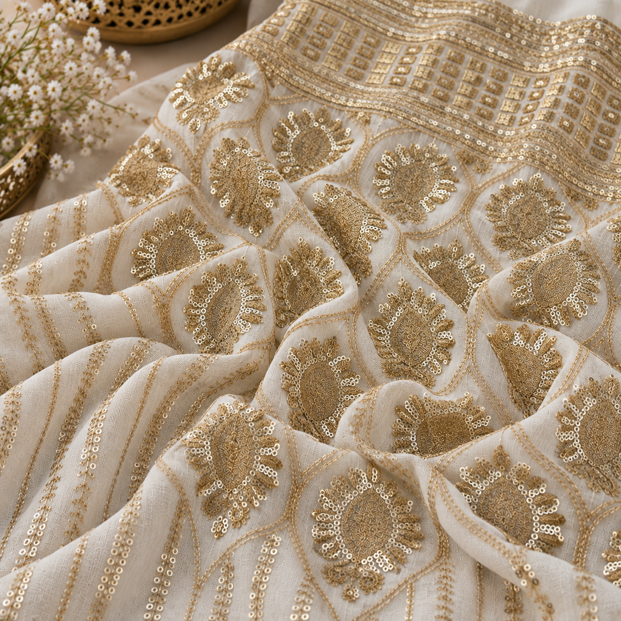 Gold Floral Sequin Embroidered Georgette Fabric - 54 INCH WIDTH - Image 2