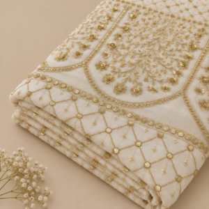 Royal Gold Floral Embroidered & Sequin Embellished Sheer Fabric - 54 INCH WIDTH