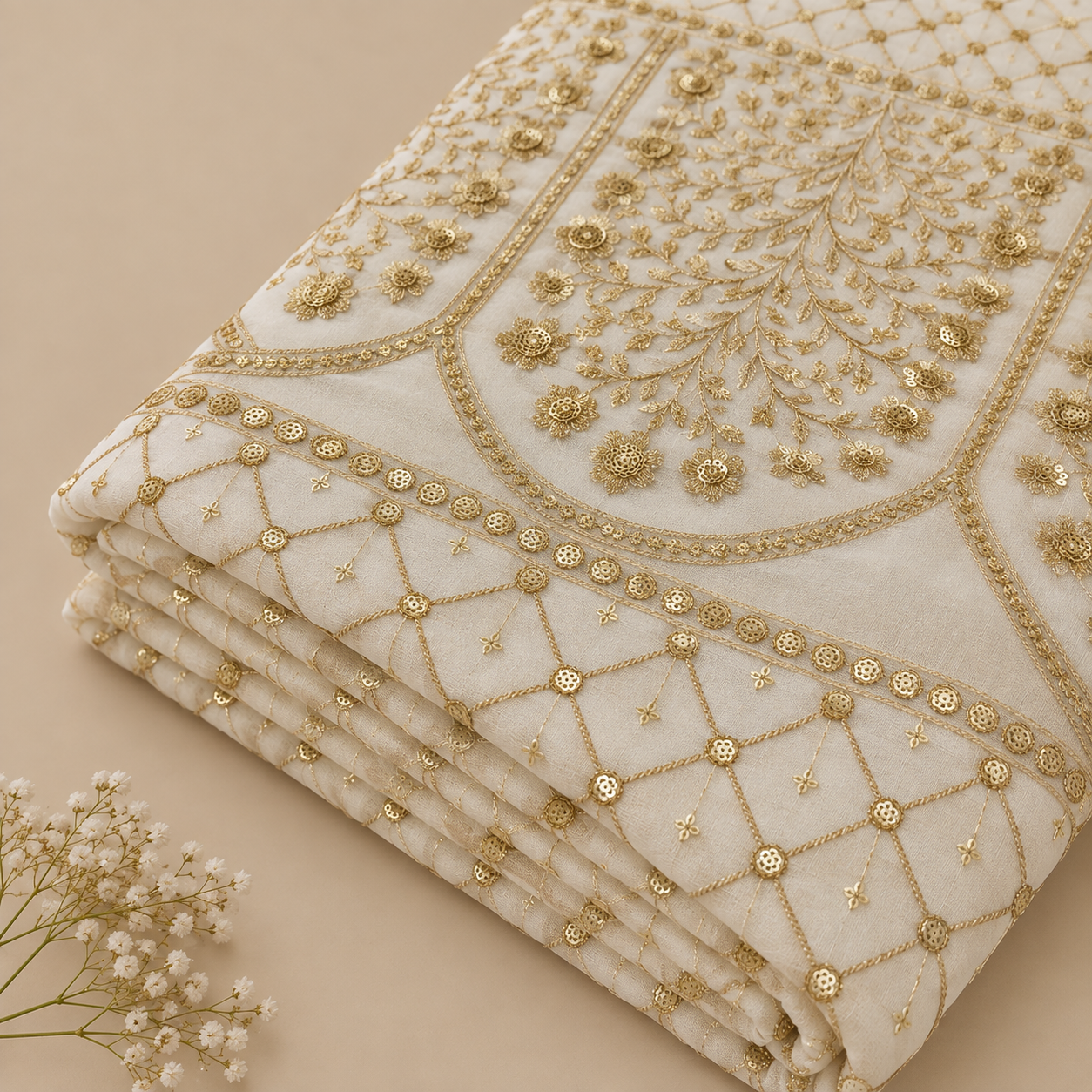 Royal Gold Floral Embroidered & Sequin Embellished Sheer Fabric - 54 INCH WIDTH