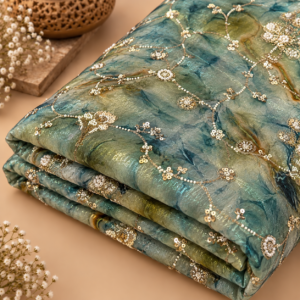 Korean Crushed Organza Embroidered Fabric ( Seafoam Teal Green ) – 50 INCH WIDTH