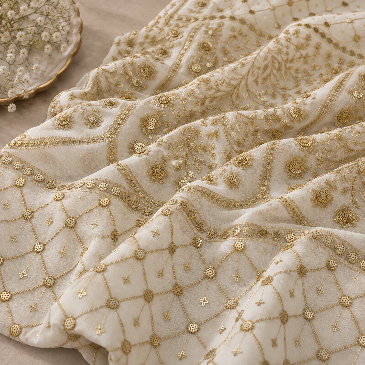 Royal Gold Floral Embroidered & Sequin Embellished Sheer Fabric - 54 INCH WIDTH - Image 3