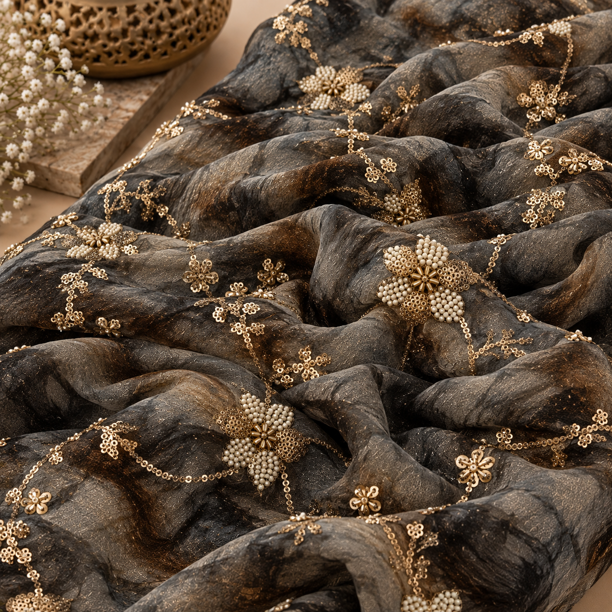 Korean Crushed Organza Embroidered Fabric ( Black with Smoky Grey ) – 50 INCH WIDTH - Image 4