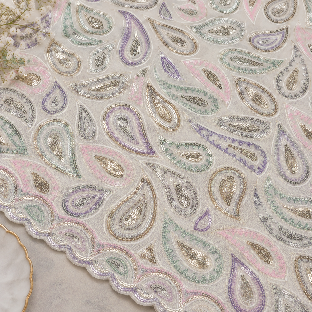 Pastel Paisley Sequin Embroidered Georgette Fabric - 54 INCH WIDTH - Image 2