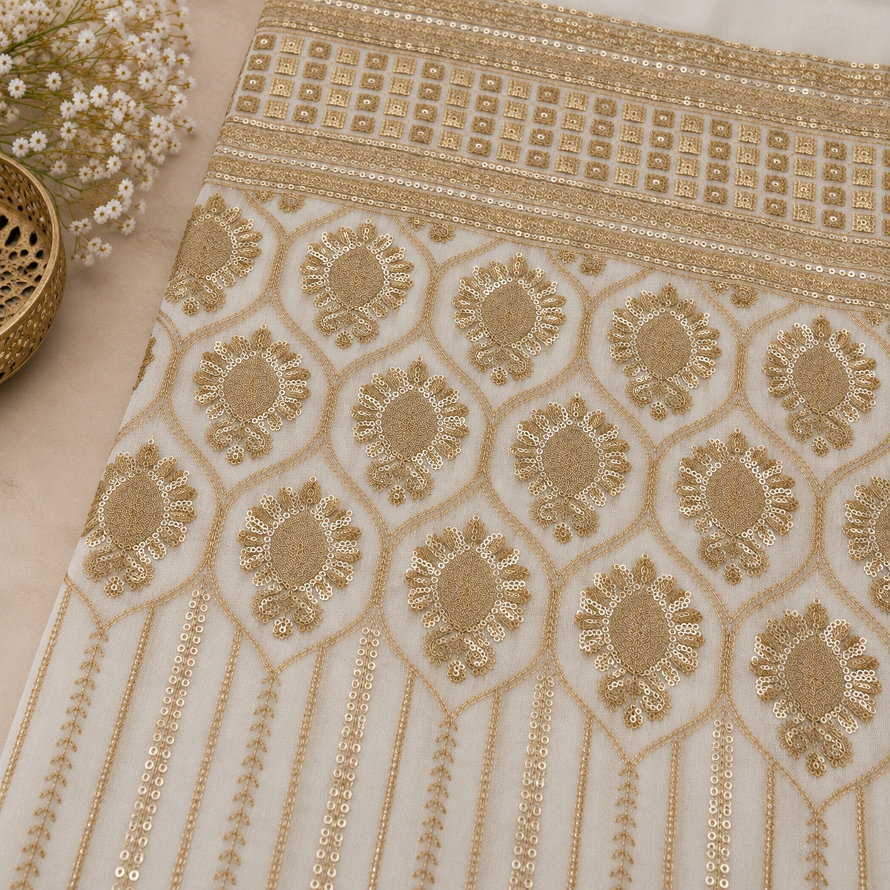 Gold Floral Sequin Embroidered Georgette Fabric - 54 INCH WIDTH - Image 3