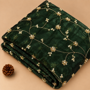 Deep Emerald Green Embroidered Sheer Organza Fabric - 50 INCH WIDTH