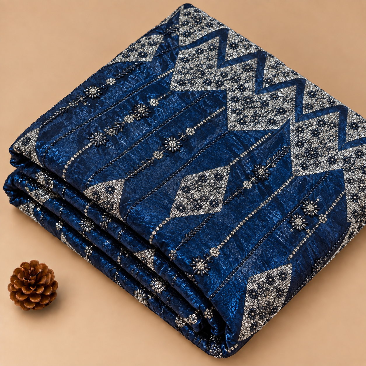 Royal Blue Embroidered Silk Fabric - 60 INCH WIDTH