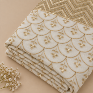 Golden Scallop Floral Embroidered Sequin Georgette Fabric - 54 INCH WIDTH
