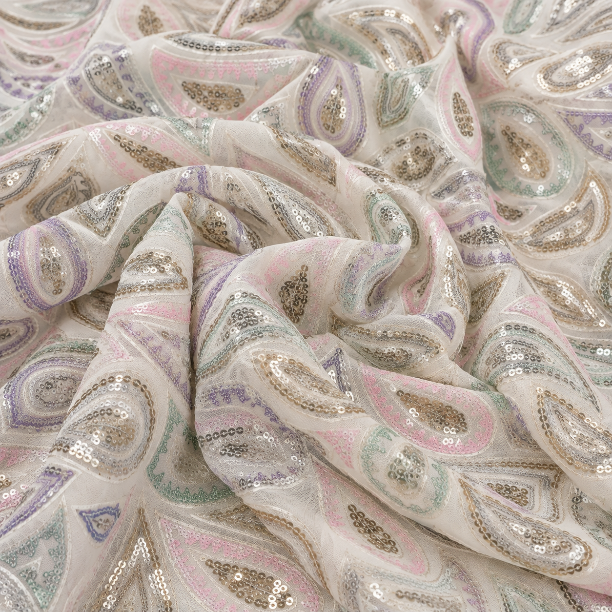 Pastel Paisley Sequin Embroidered Georgette Fabric - 54 INCH WIDTH - Image 3
