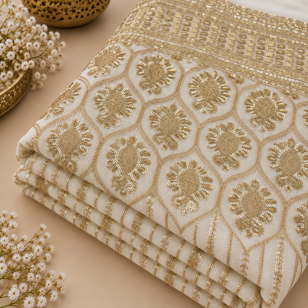 Gold Floral Sequin Embroidered Georgette Fabric - 54 INCH WIDTH