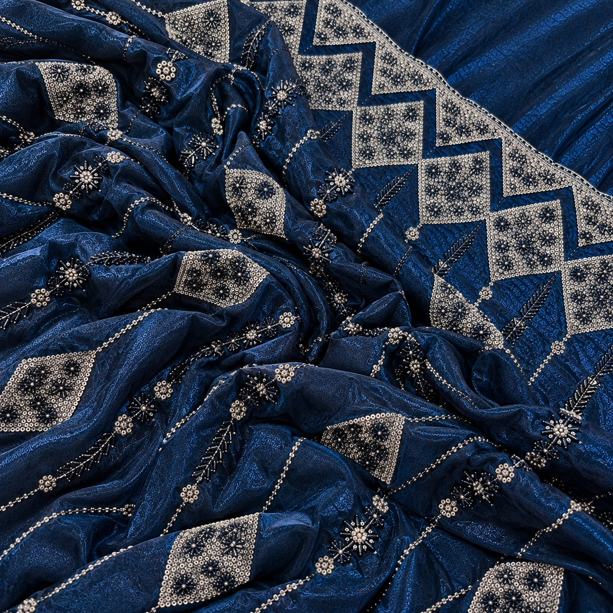 Royal Blue Embroidered Silk Fabric - 60 INCH WIDTH - Image 2