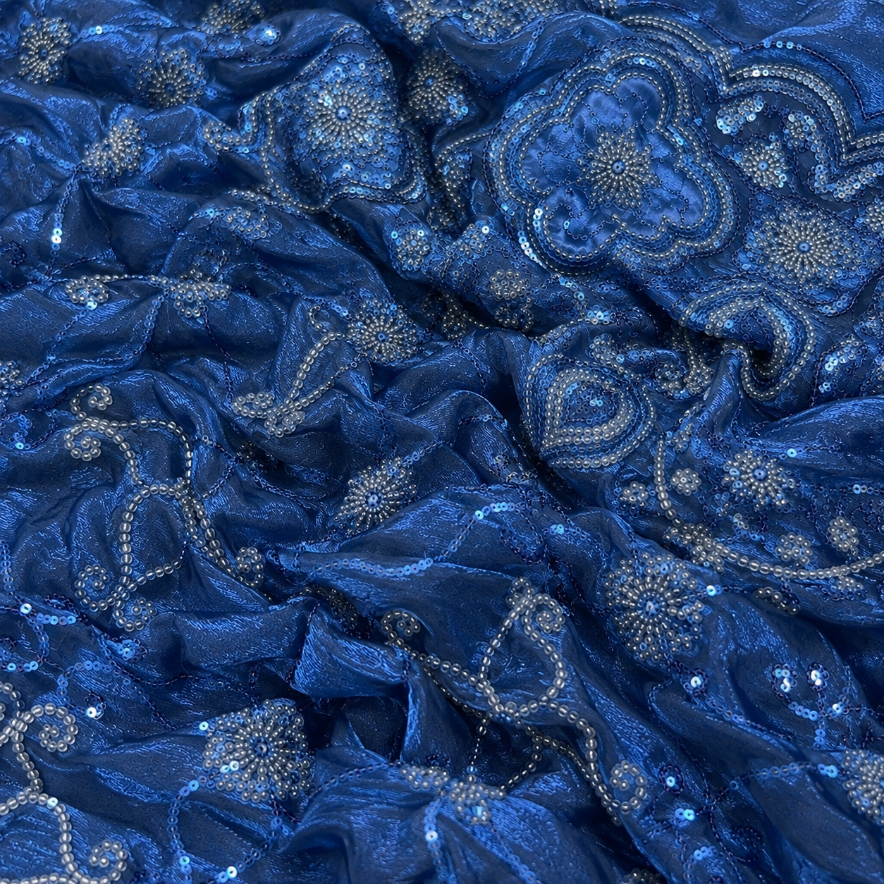 Dark Blue Embroidered Silk Fabric - 60 INCH WIDTH - Image 2