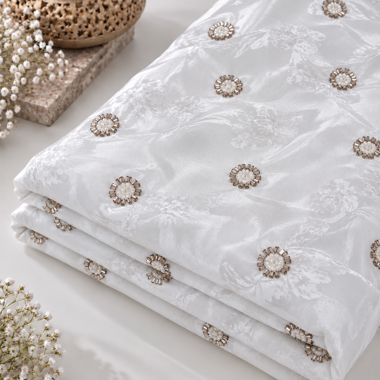Pearl Bloom Organza Embellished Fabric - 54 INCH WIDTH