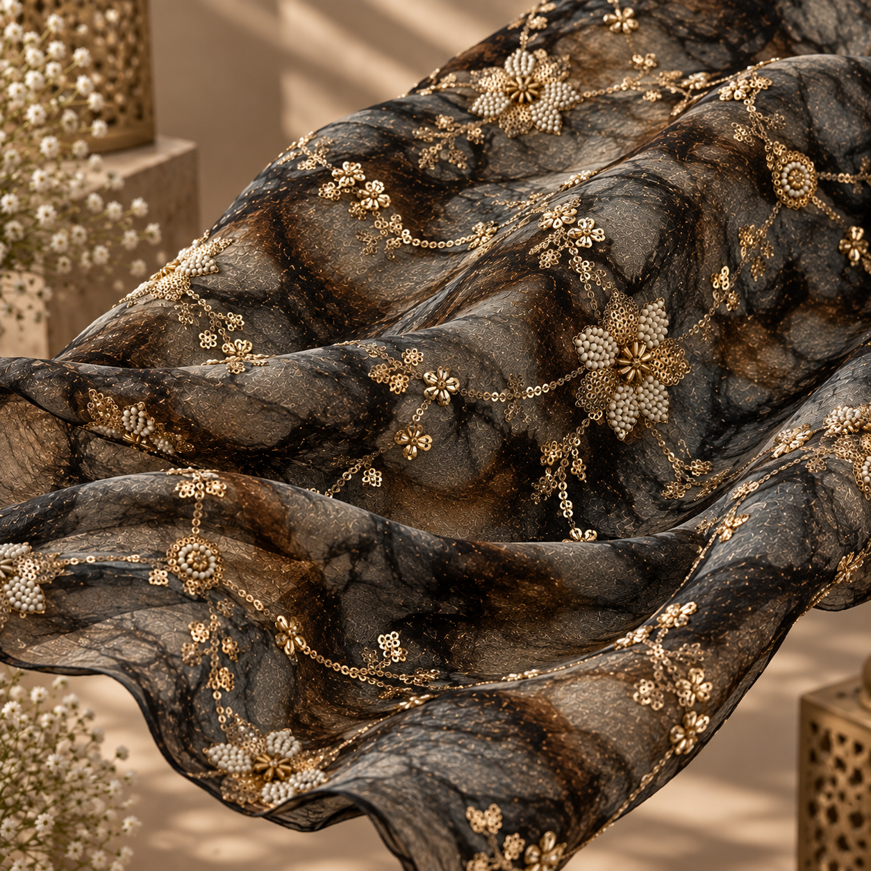 Korean Crushed Organza Embroidered Fabric ( Black with Smoky Grey ) – 50 INCH WIDTH - Image 3