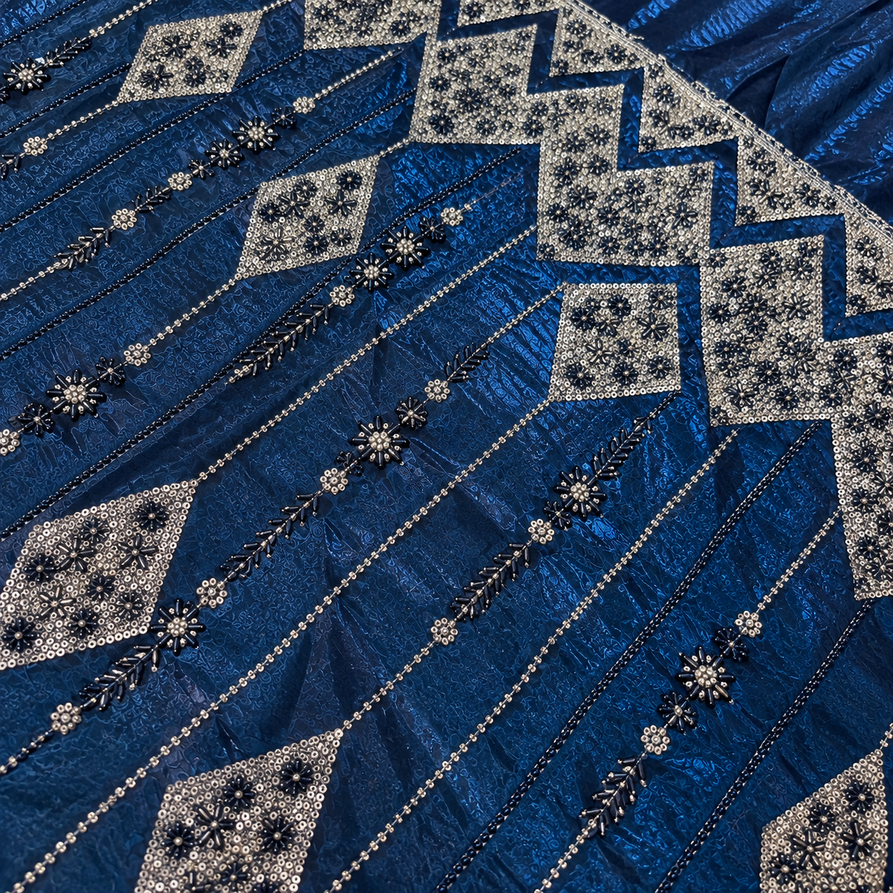 Royal Blue Embroidered Silk Fabric - 60 INCH WIDTH - Image 3