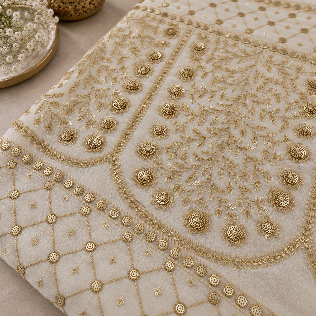 Royal Gold Floral Embroidered & Sequin Embellished Sheer Fabric - 54 INCH WIDTH - Image 2