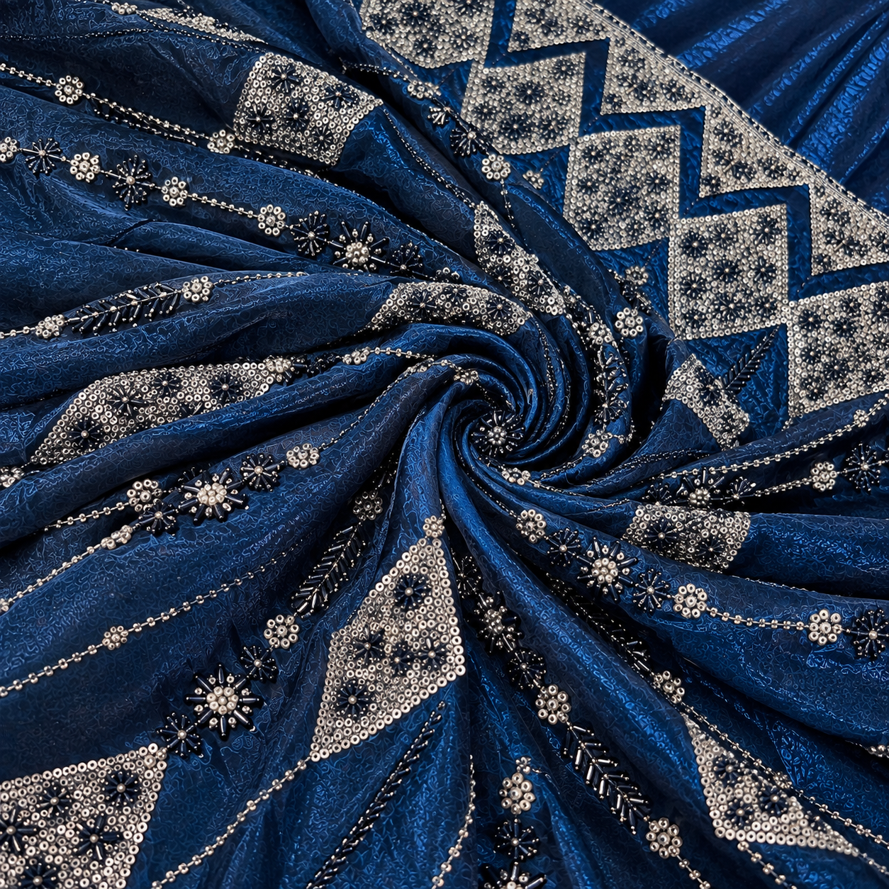 Royal Blue Embroidered Silk Fabric - 60 INCH WIDTH - Image 4
