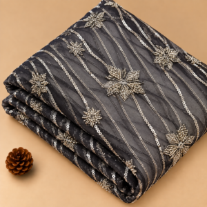 Charcoal Black Embroidered Sequin Net Fabric - 50 INCH WIDTH