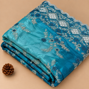 Dual Tone Teal Embroidered Silk Fabric - 60 INCH WIDTH