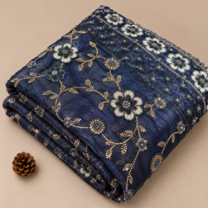 Midnight Navy Floral Embroidered Silk Fabric - 60 INCH WIDTH