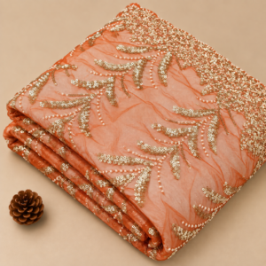 Coral Orange Sequin Embroidered Net Fabric - 54 INCH WIDTH