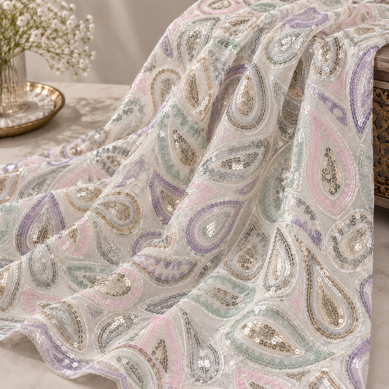Pastel Paisley Sequin Embroidered Georgette Fabric - 54 INCH WIDTH - Image 4