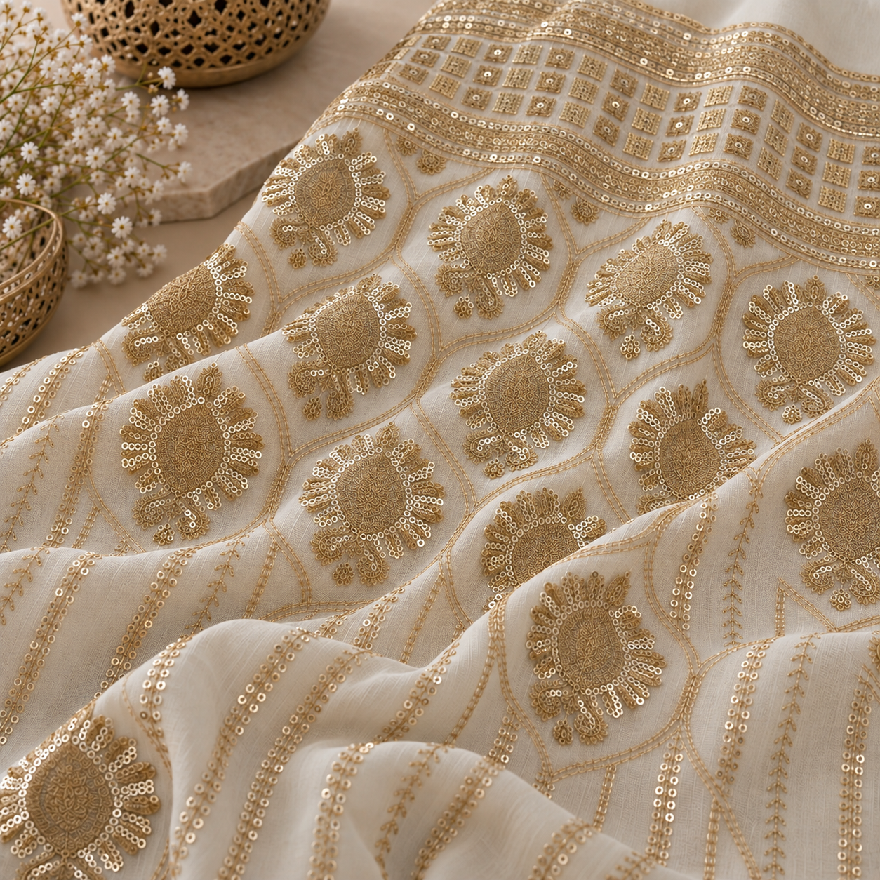 Gold Floral Sequin Embroidered Georgette Fabric - 54 INCH WIDTH - Image 4