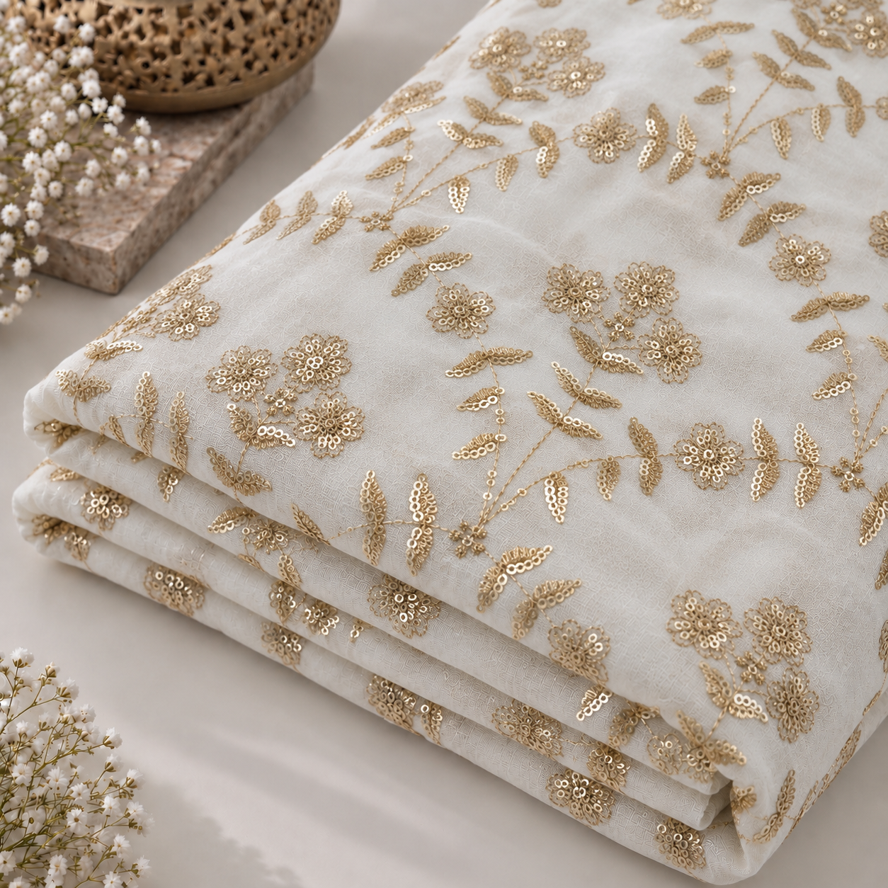 Embroidered Golden Vine Sequin Georgette Fabric - 54 INCH WIDTH