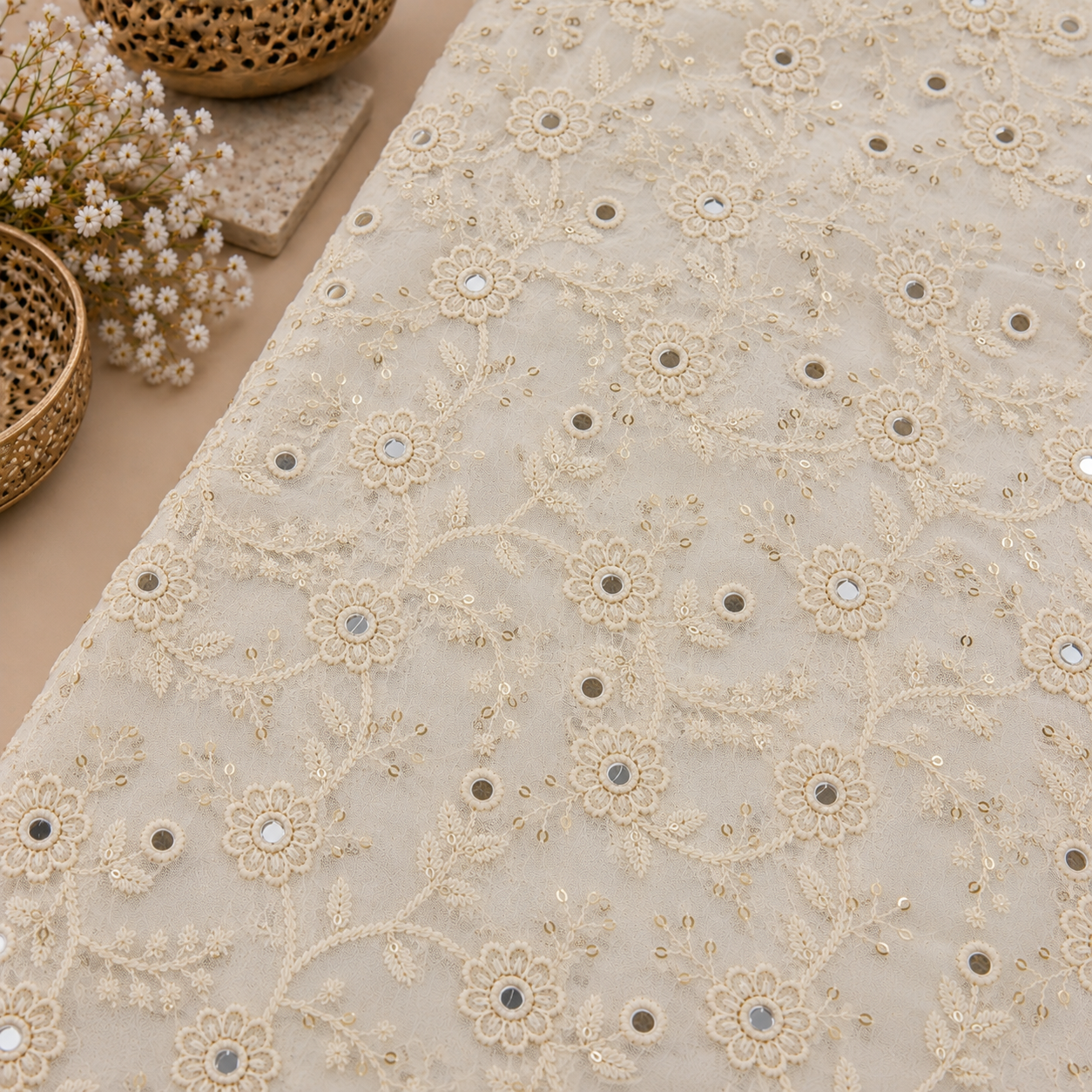 Floral Mirror Embroidered Georgette Fabric - 44 INCH WIDTH - Image 3