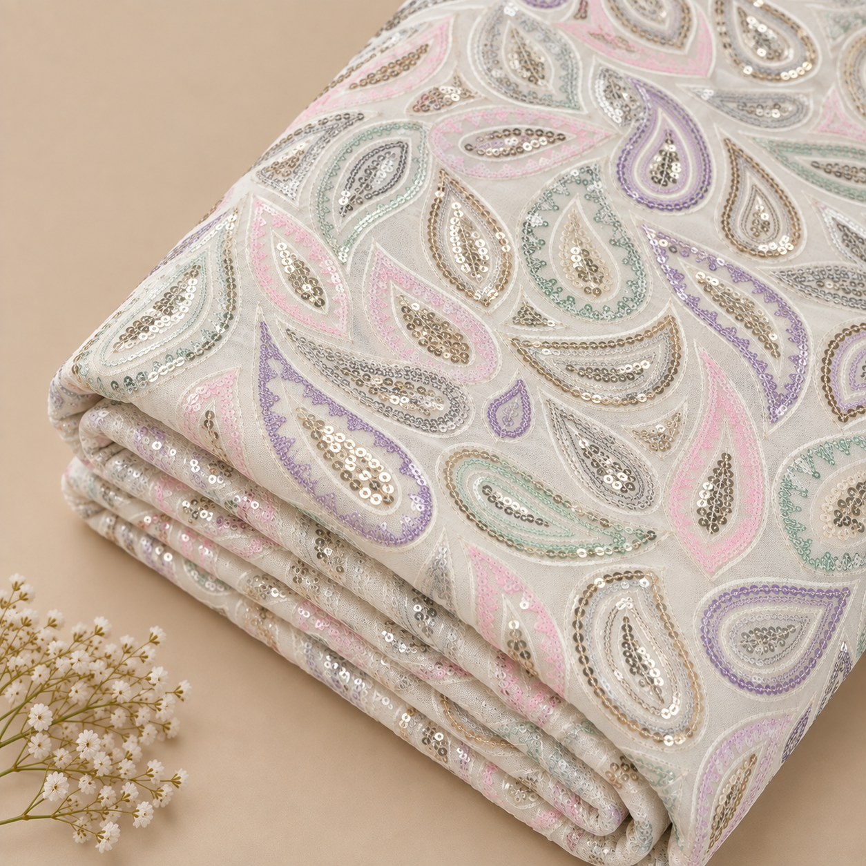 Pastel Paisley Sequin Embroidered Georgette Fabric - 54 INCH WIDTH