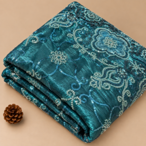 Peacock Teal Embroidered Silk Fabric - 60 INCH WIDTH