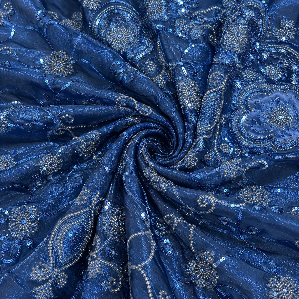 Dark Blue Embroidered Silk Fabric - 60 INCH WIDTH - Image 4