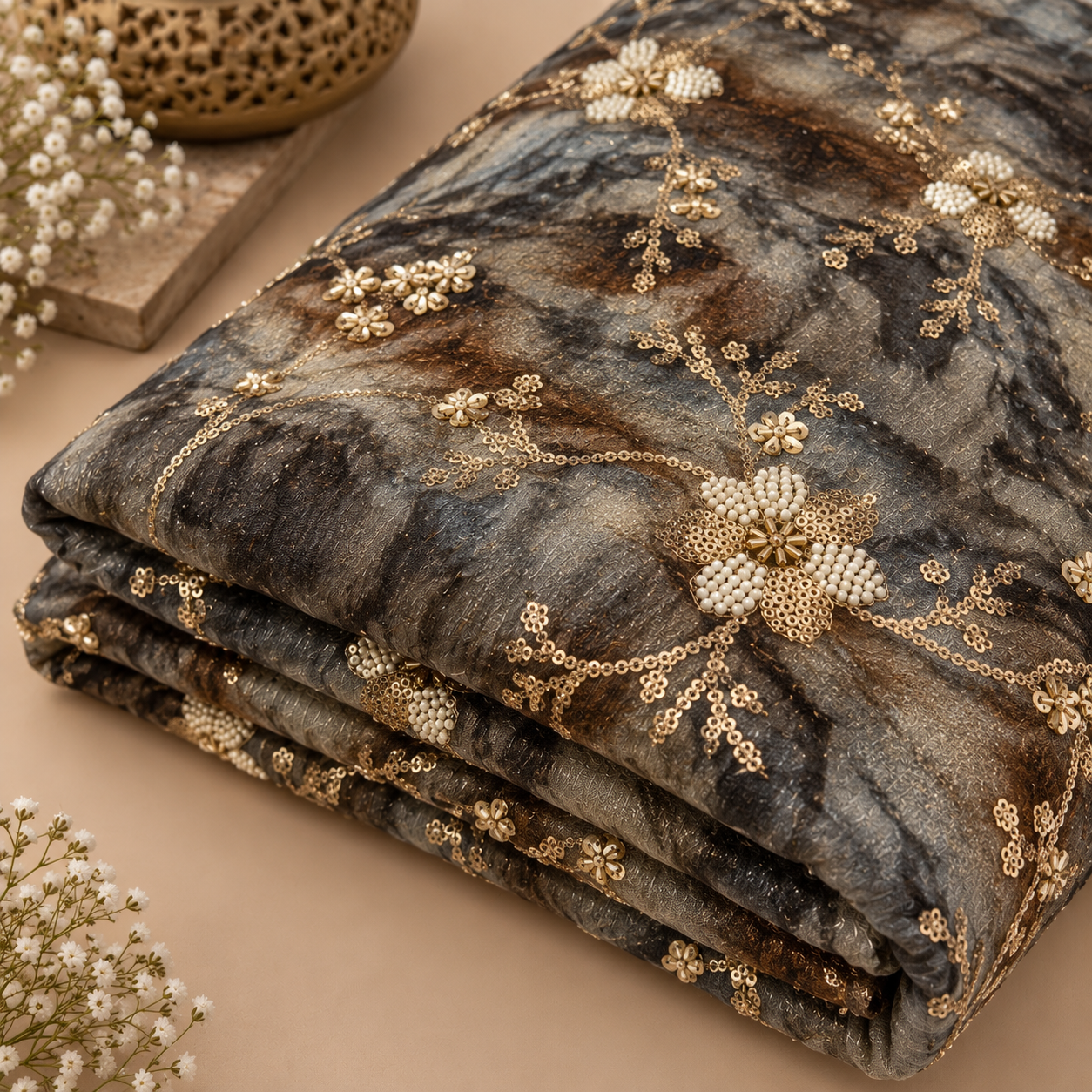 Korean Crushed Organza Embroidered Fabric ( Black with Smoky Grey ) – 50 INCH WIDTH