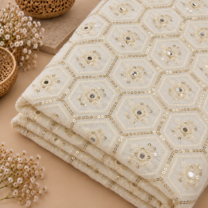 Hexagon Mirror & Sequin Embroidered Georgette Fabric - 44 INCH WIDTH