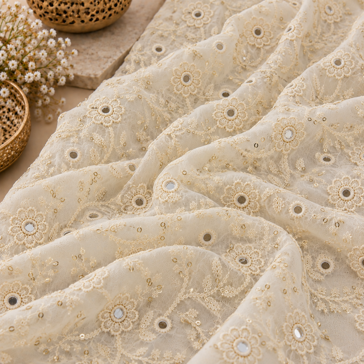 Floral Mirror Embroidered Georgette Fabric - 44 INCH WIDTH - Image 4