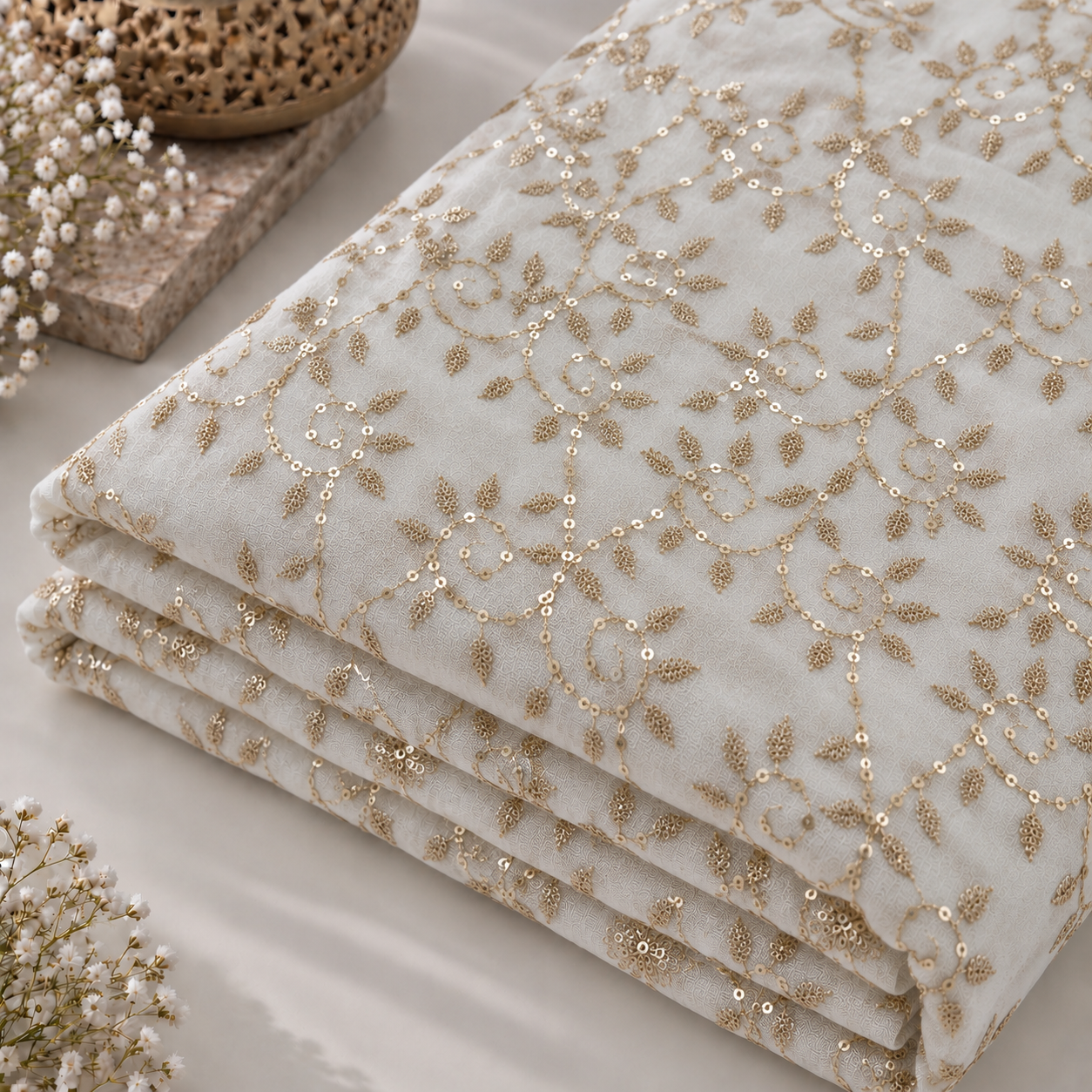Ivory Gold Floral Embroidered Georgette Fabric- 54 INCH WIDTH