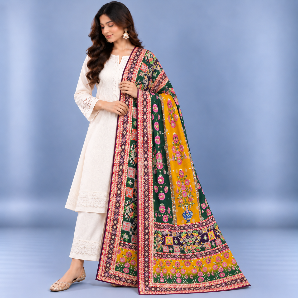 Printed Mirror Work Dupatta - Multicolour – Deep Green, Mustard Yellow, Pink, Purple & Burgundy - Image 3