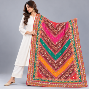 Printed Mirror Work Dupatta - Magenta Pink, Wine/Mauve, Teal Green & Mustard Yellow